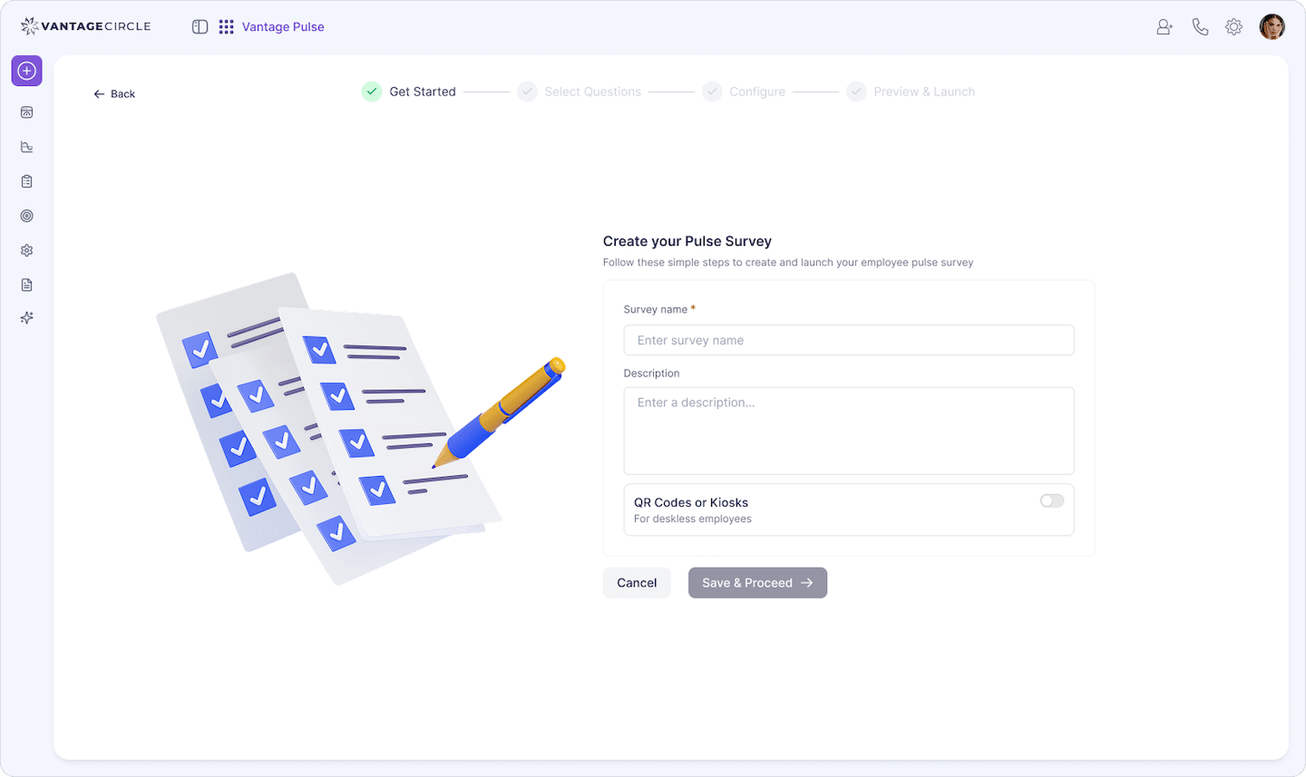 Vantage Pulse custom survey builder screen for creating tailored employee surveys