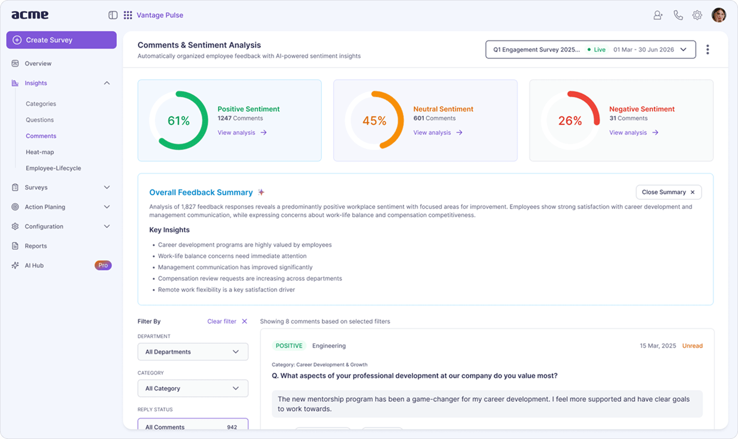 Vantage Pulse sentiment analysis dashboard showing positive, neutral, and negative employee feedback with AI-generated insights.