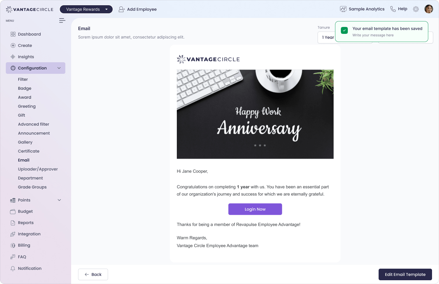 Vantage Rewards long service award dashboard tracking tenure milestones, upcoming award cohorts, and service-based recognition planning