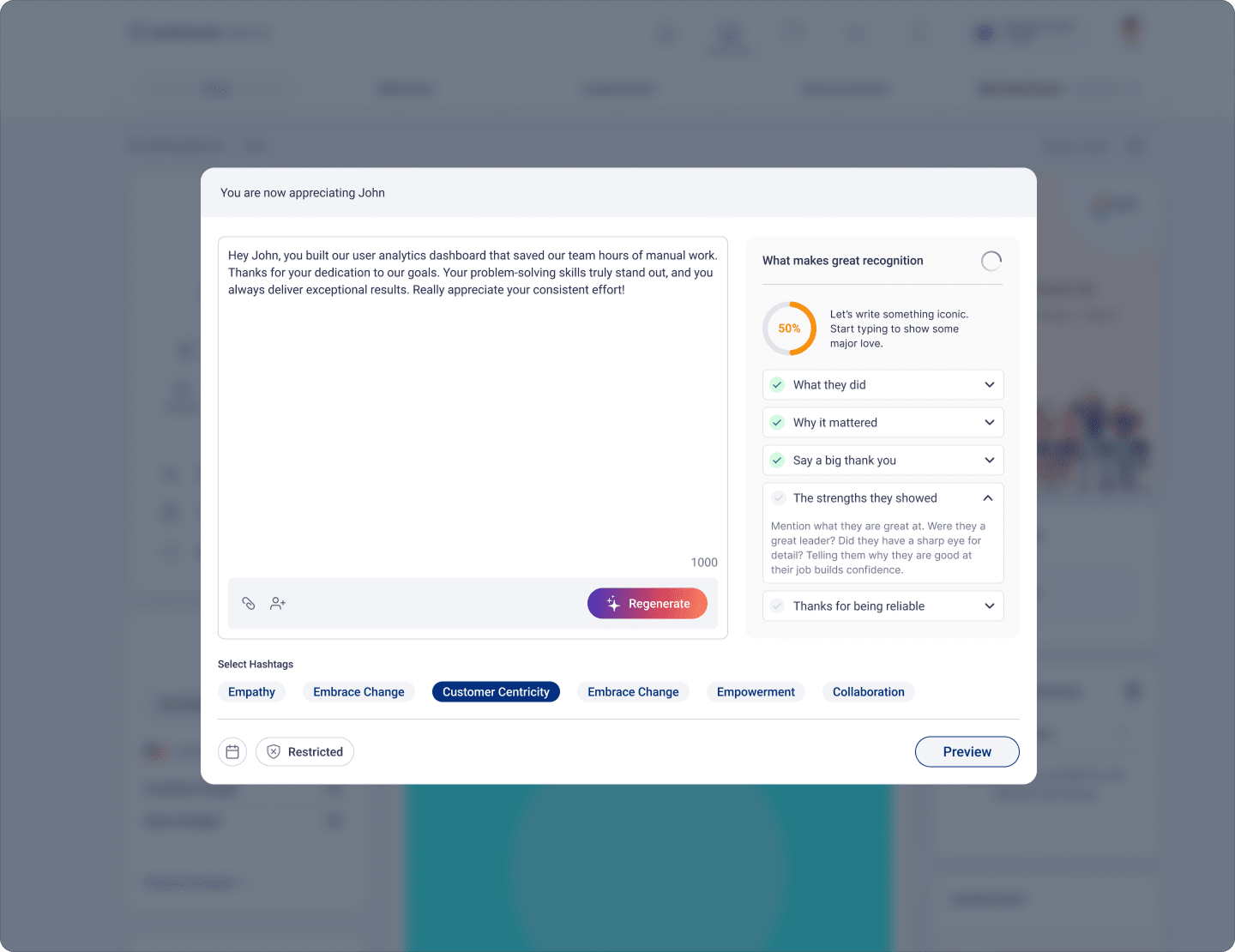 Vantage Rewards recognition composer interface with guided prompts, quality score indicator, and hashtag selection