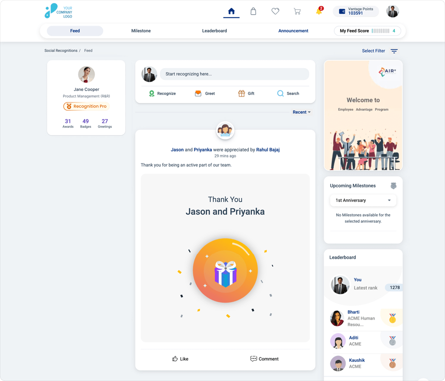 Vantage Rewards social recognition feed displaying appreciation posts, badges, comments, and leaderboard highlights.