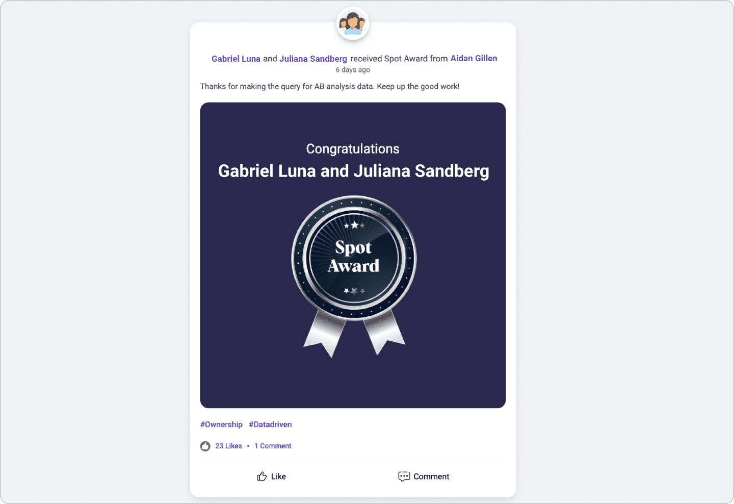 Vantage Rewards spot award post celebrating employees with award artwork, recognition note, and social engagement actions